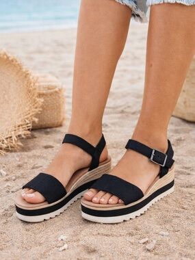 TOMS Diana Sandals W7.5 Black Platform Espadrille Ankle Strap